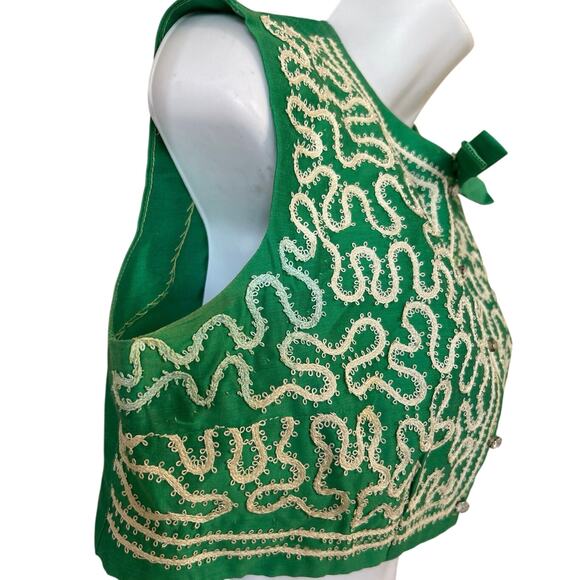 Vtg Green Crop Blouse Sleeveless Cream Embroidered Trim Homemade Sz Sm - Picture 6 of 9